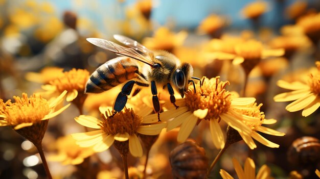 写真 秋にミツバチの花が受粉する