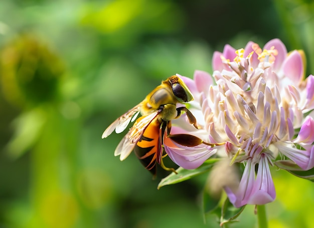 Bee on a flower in the summer green garden on a sunny day