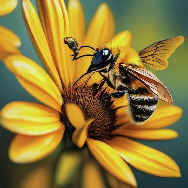 Photo a bee on a flower with a blue background