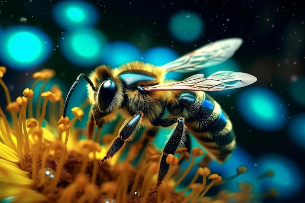 A bee on a flower with a blue background