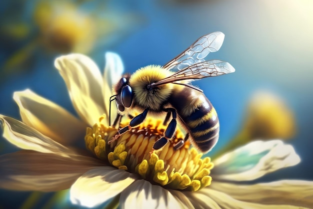 A bee on a flower with a blue background