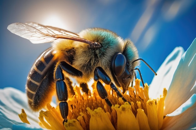 A bee on a flower with a blue background