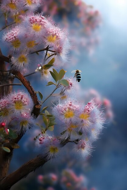 A bee on a flower with a blue background