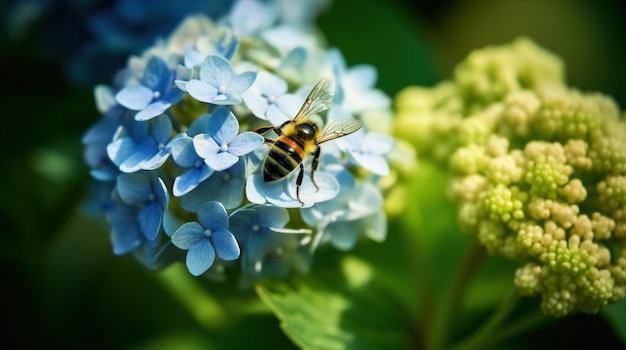 A bee on a flower with a blue flower