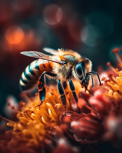 A bee on a flower with a blurry background