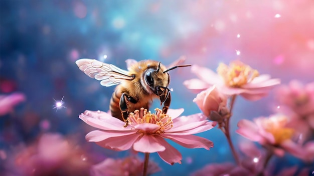 Bee on flower with dreamy soft pastel background and bokeh light effects empty sapce of text