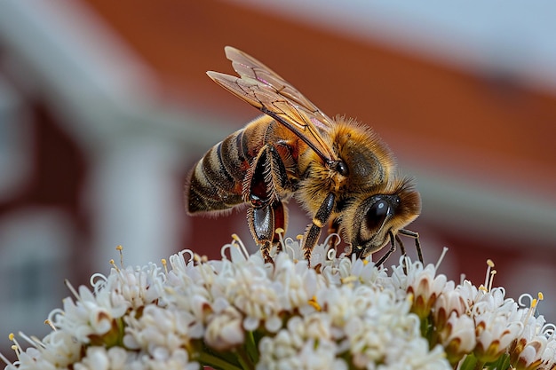 Foto un'ape su un fiore con un faro storico sullo sfondo del tema costiero