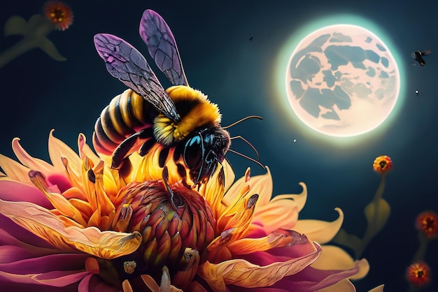 Premium Photo | A bee on a flower with the moon in the background