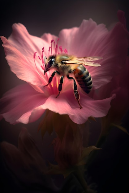 A bee on a flower with a pink background