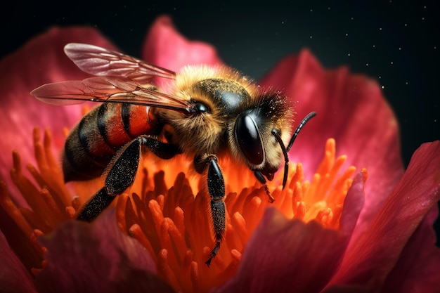 A bee on a flower with a pink background