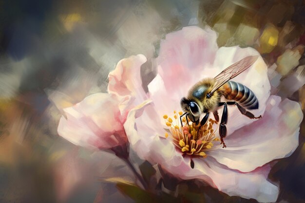 A bee on a flower with a pink background