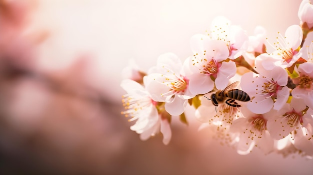 Пчела на цветке с розовыми цветами