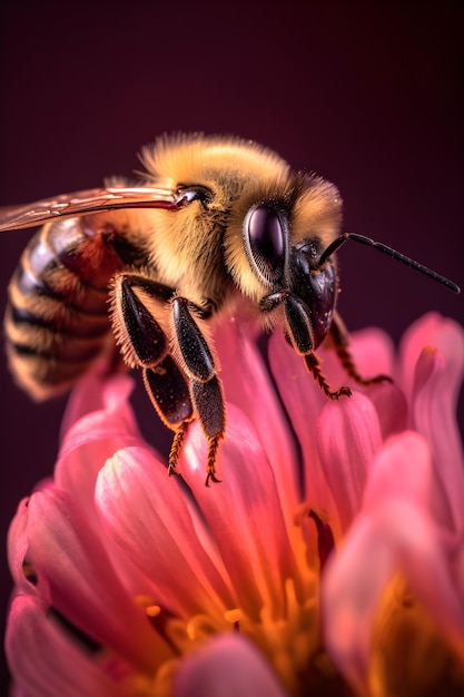 A bee on a flower with a purple background