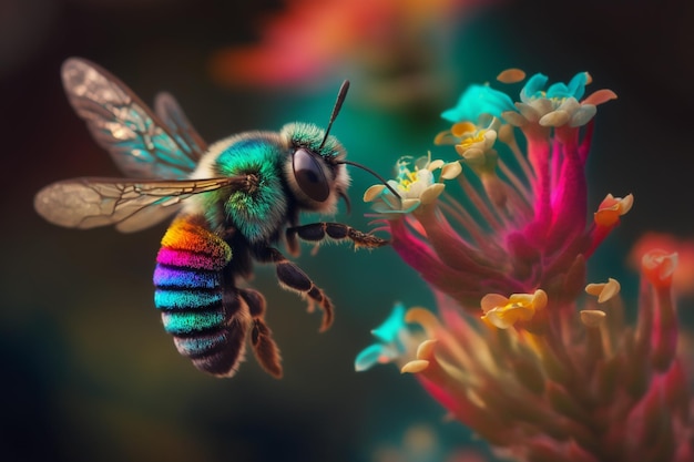 A bee on a flower with a rainbow colored background