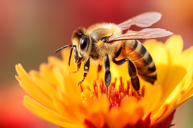 A bee on a flower with a red background