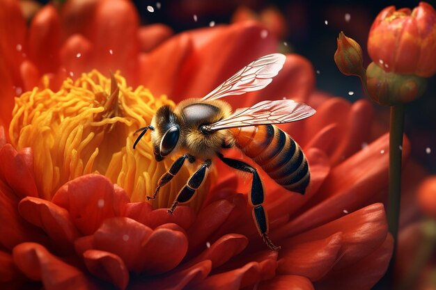 A bee on a flower with a red flower