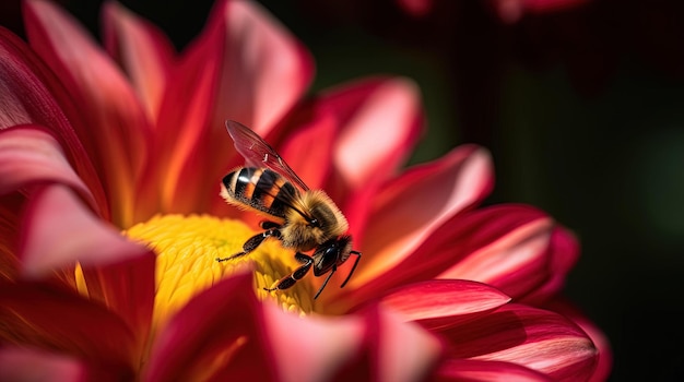 A bee on a flower with a red flower