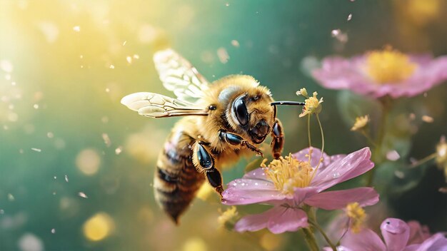 Bee on flower with soft pastel background and bokeh light effects empty sapce of text