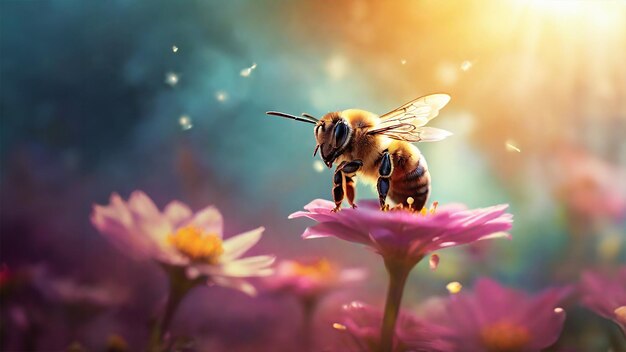 Photo bee on flower with soft pastel background