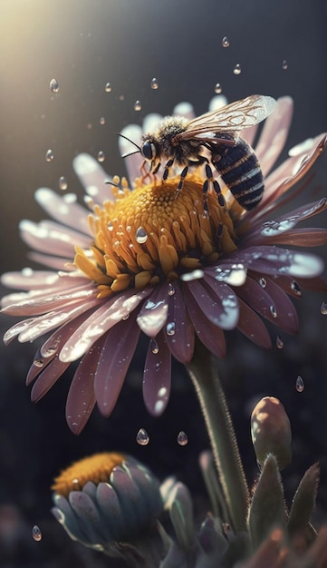 Photo a bee on a flower with water droplets on it