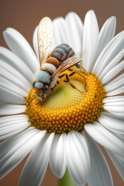 A bee on a flower with a white flower in the background