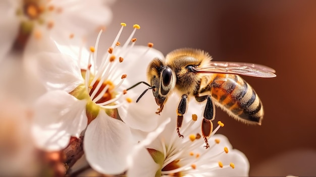 A bee on a flower with white flowers