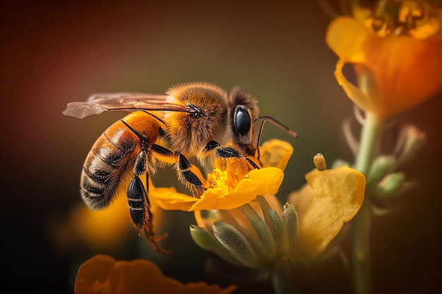 A bee on a flower with a yellow background