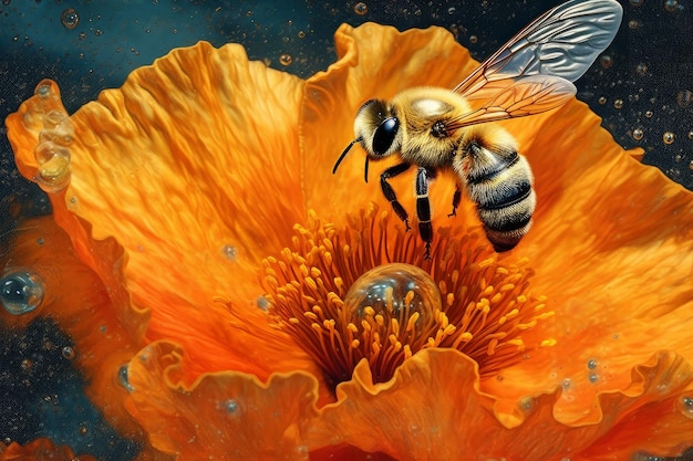 A bee on a flower with a yellow background