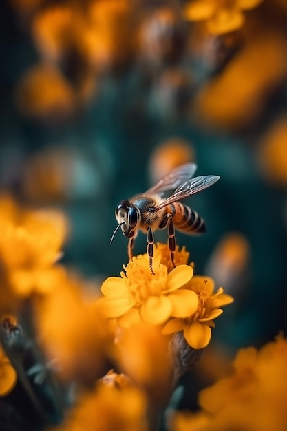 A bee on a flower with a yellow background