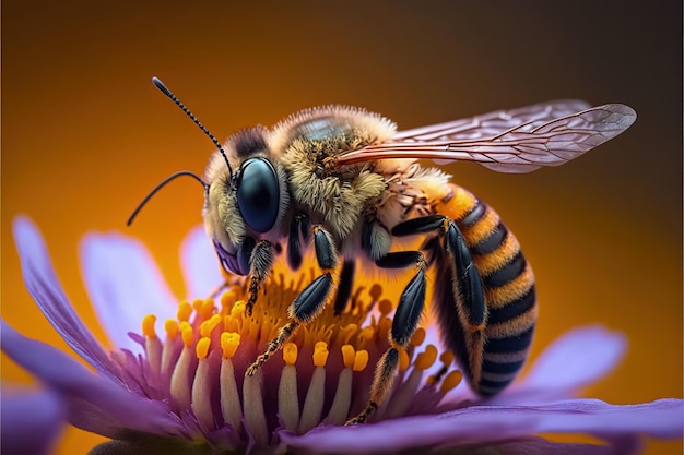 A bee on a flower with a yellow background