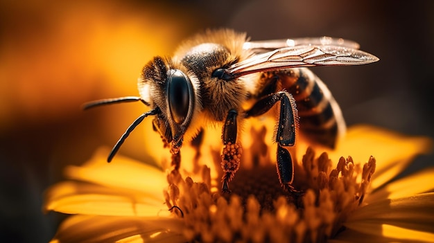 A bee on a flower with a yellow background