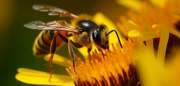 中心が黄色の花にとまるミツバチ