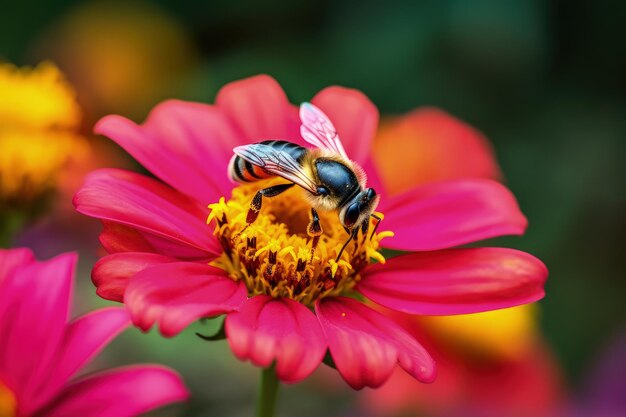 A bee on a flower with a yellow center