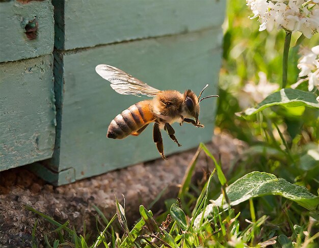 A bee flying in the backyard