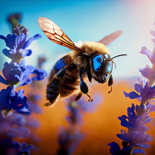 Bee flying over the blue flower