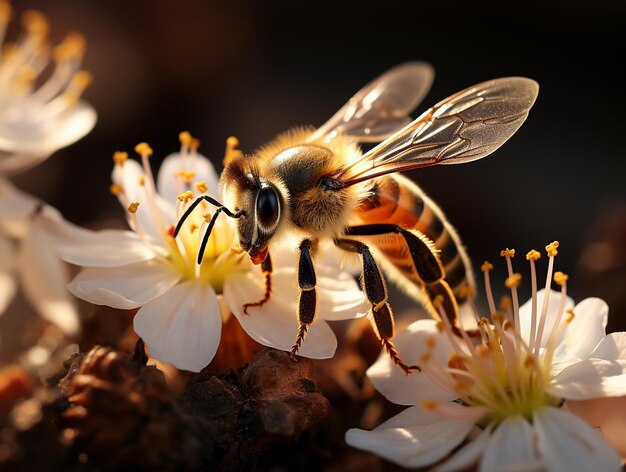 A bee flying over a bunch of flowers at sunset