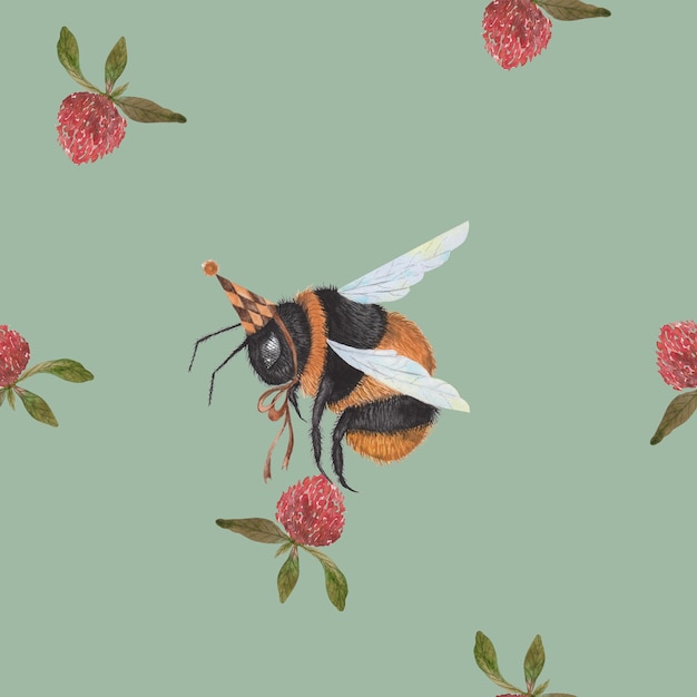 A bee flying on a flower pattern