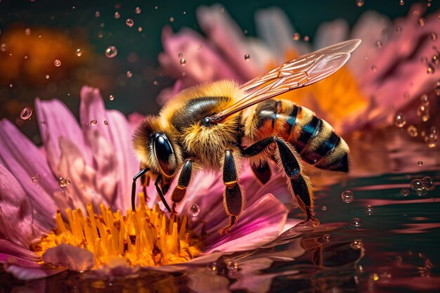 Bee flying to flowers over psychedelic water