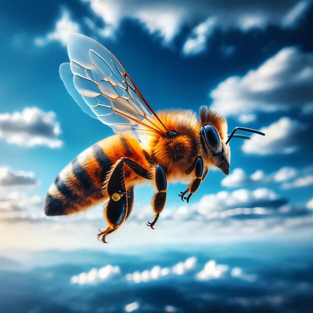 写真 青い空の背景で飛ぶミツバチ ジェネレーティブai