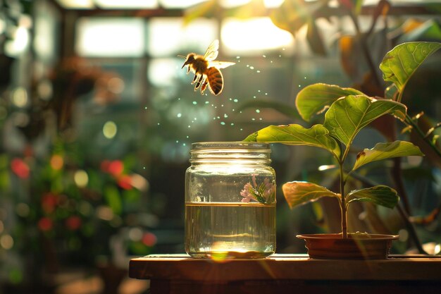 Photo bee flying out of a glass jar in a green and red leafy basket glass and lens flare diffuse lightin