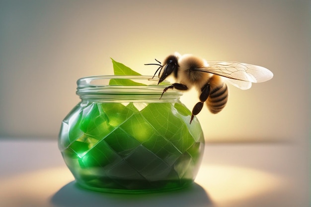 Bee flying out of a glass jar in a green and red leafy basket glass and lens flare diffuse lightin