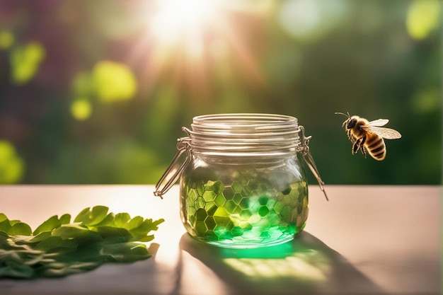 Bee flying out of a glass jar in a green and red leafy basket glass and lens flare diffuse lightin