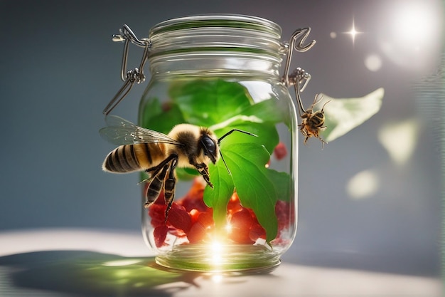 Bee flying out of a glass jar in a green and red leafy basket