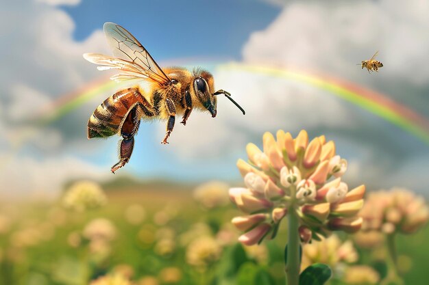 Bee flying towards a flower in a field with a rainbow in the sky