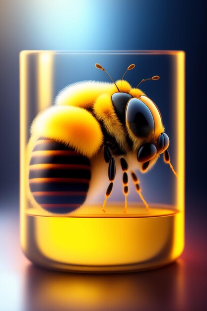A bee in a glass with a yellow liquid in it