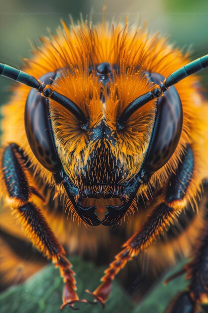 写真 自然の背景を背景にしたミツバチの頭のマクロ写真