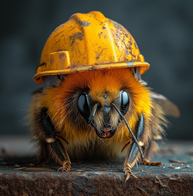 Bee in helmet is sitting on wooden table Bee wearing hard hat on a dark table