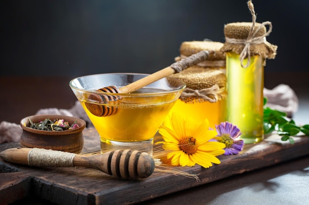 Bee honey in a composition with flowers