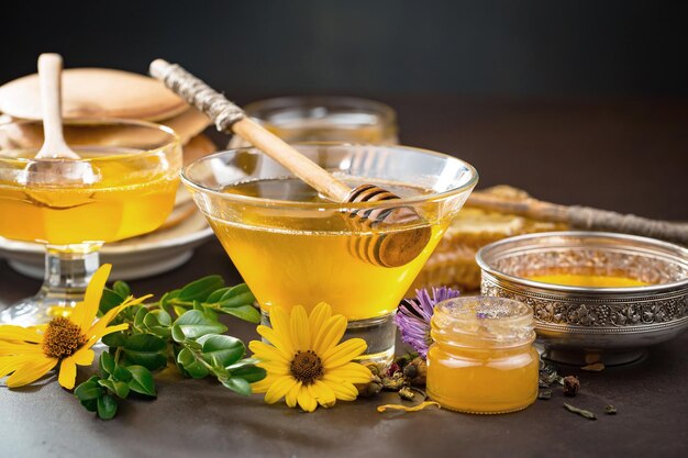 Bee honey in a composition with flowers