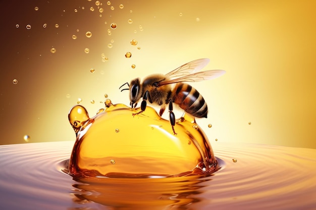 A bee on a honey drop in a golden light background